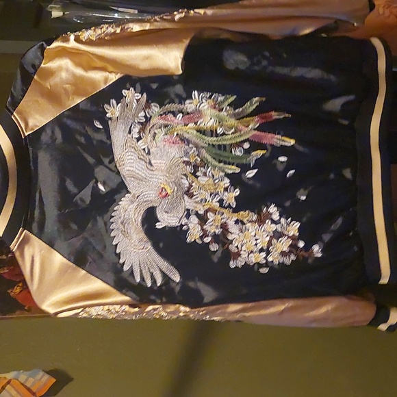 Reversable Embroidered Satin Bomber Jacket - Black and Gold - Picture 2 of 6